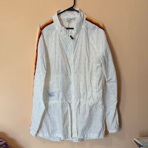 Aldi White Windbreaker Jacket with Rainbow Shoulder Stripes